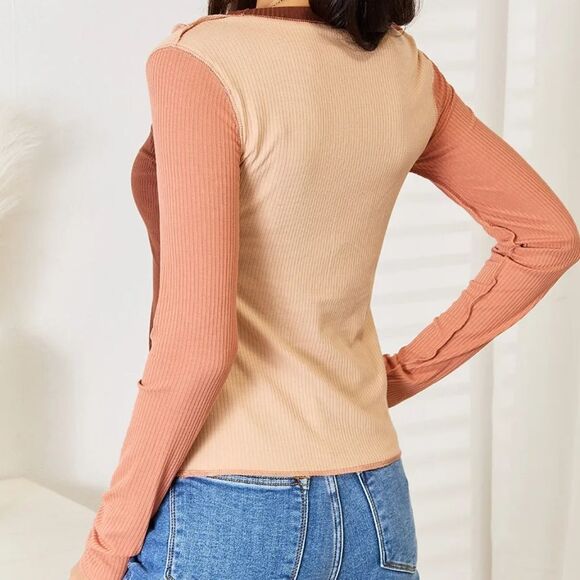 💲1️⃣0️⃣ BundledRib Knit Top Colorblock Long Sleeve Exposed Seams Y2K Trend Sz M - Picture 3 of 9